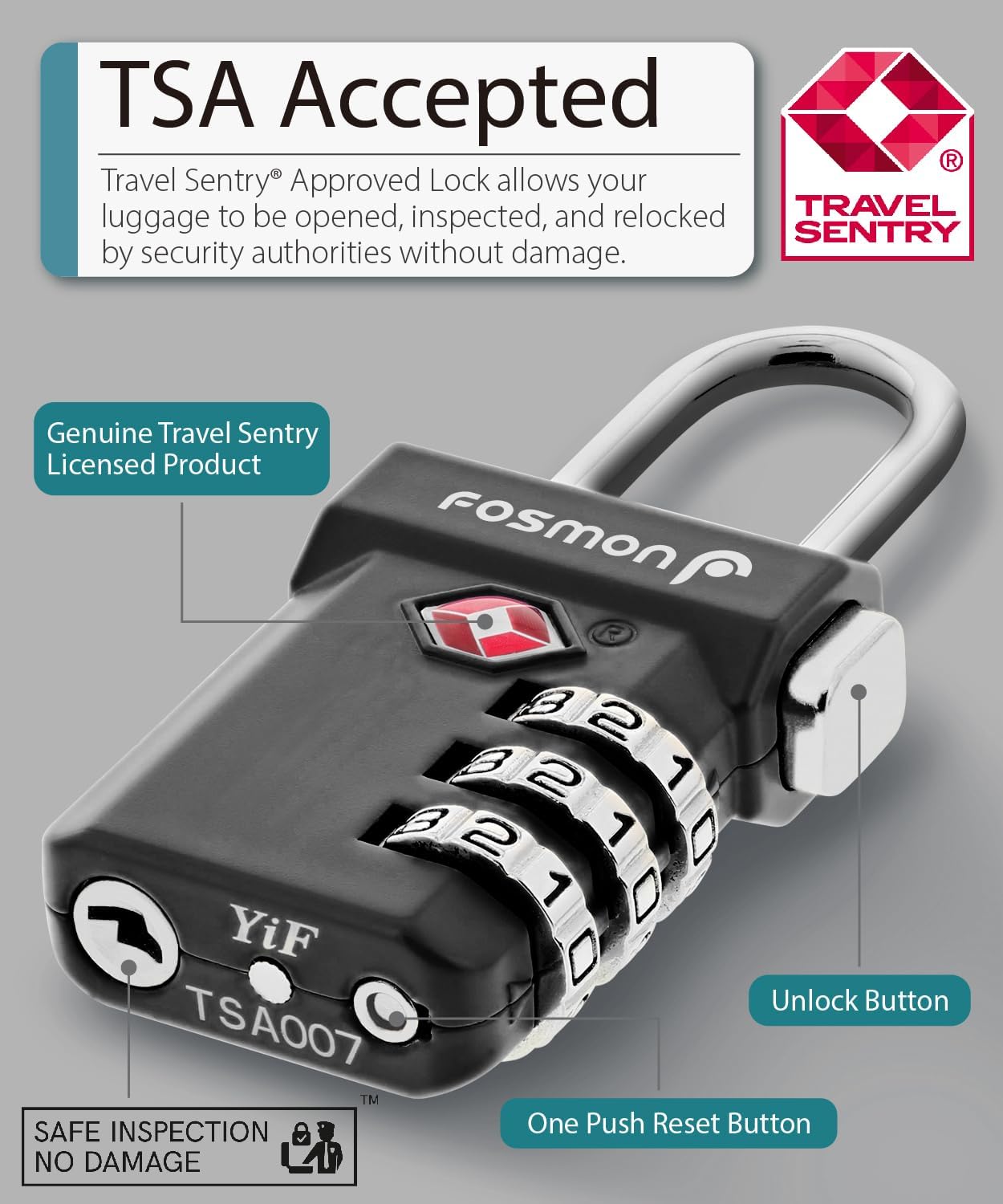 Fosmon TSA Approved Luggage Locks, Suitcase Travel Lock with Push Release Button for Extra Security, 3 Digit Combination Padlock for Gym Locker, Backpack Zipper Anti Theft, Gun Case - Silver, 2 Pack