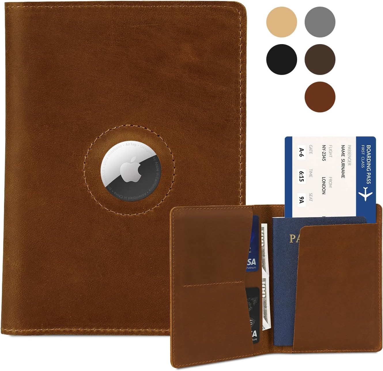 Passport Holder for Men and Women Travel, Real Leather Passport Wallet, Handmade Passport Cover Case with Airtag Slot, Travel Must Haves Essentials Accessories Birthday Gifts(Crazy Horse,Brown)
