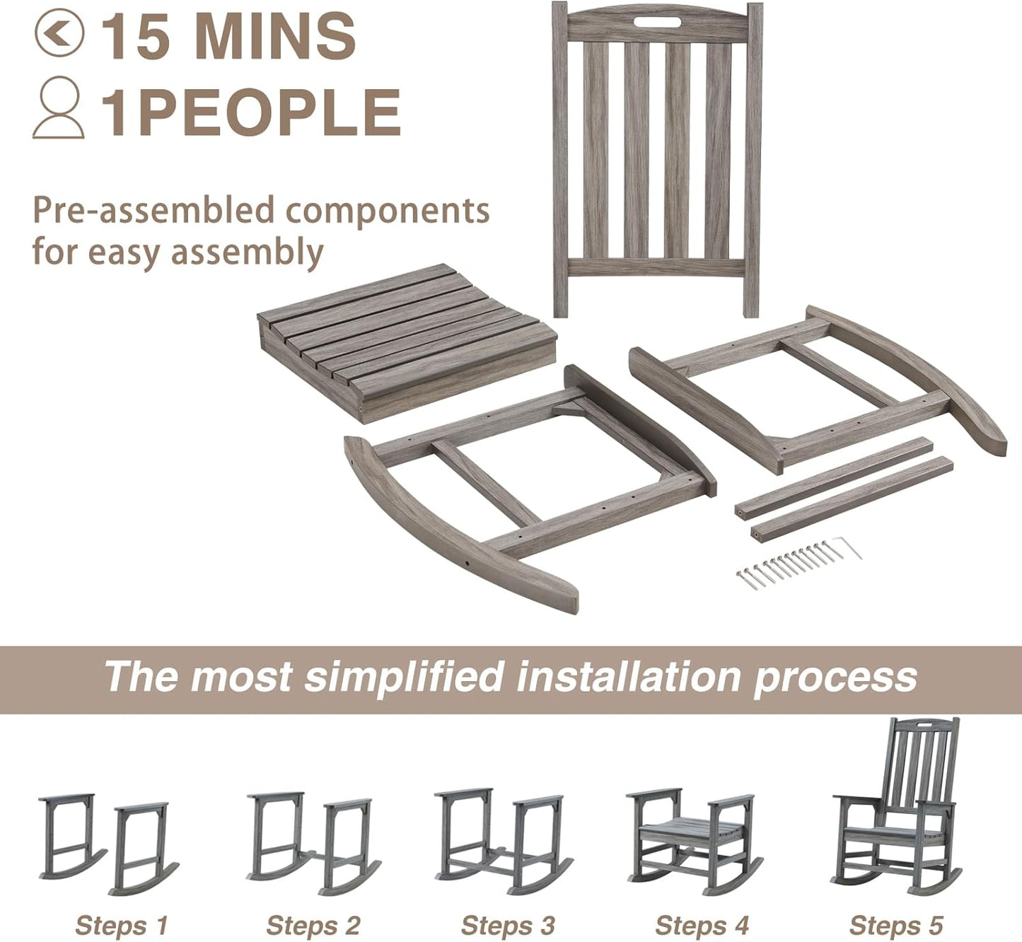 Psilvam Outdoor Rocking Chair, Poly Lumber Oversized Rocking Chair with 21" Wide Seat and 32" Tall Backrest, Pre-Assembled with Most Components for Effortless Installation(Light Gray)