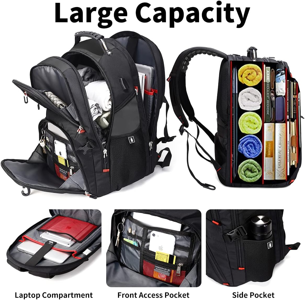 SHRRADOO Extra Large 50L Travel Laptop Backpack with USB Charging Port, College High School Backpack Airline Approved Business Work Bag Fits 17 Inch Computer for Men Women