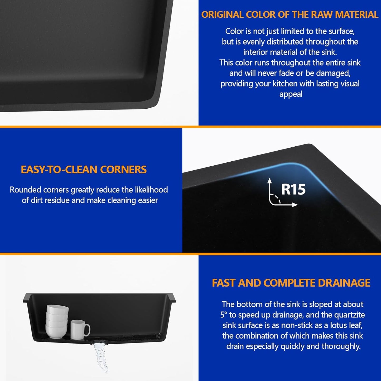 Dcolora 31 Inch Quartz Composite Black Kitchen Sink Undermount Sink Deep Single Bowl, 31"x18" Round Corner, DC-GU7748