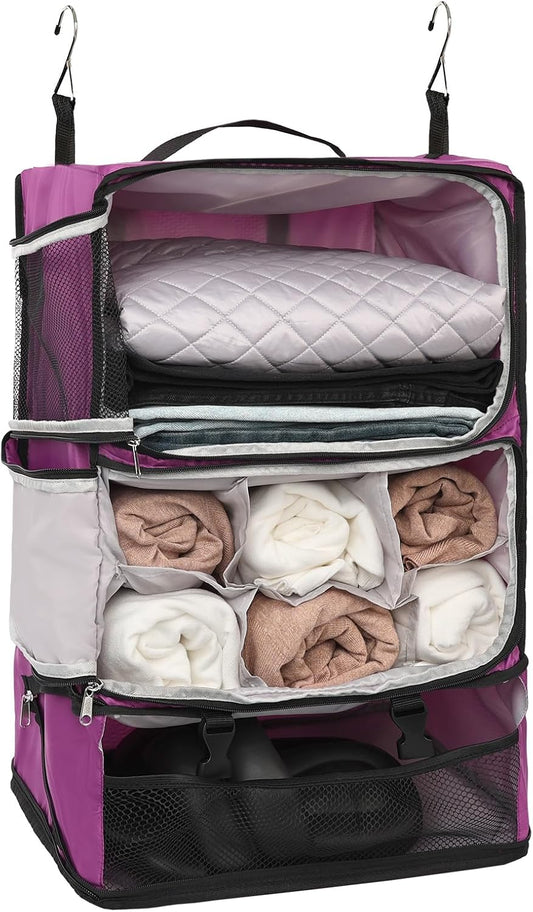 TABITORA Travel Portable Hanging Shelves Closet Organizer Packing Luggage Storage with Multifunctional and Foldable Invisible Compartment,Lightweight, for Suitcase, RV,Closet…Purple,XXL