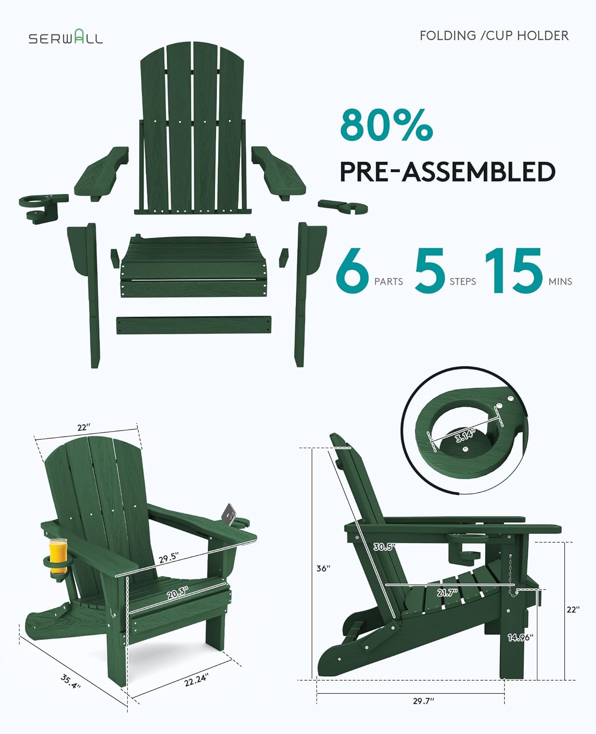 SERWALL Adirondack Chair with Cup Holders - Composite Adirondack Chairs Set of 2 HDPE Outdoor Chairs All Weather Use- Green