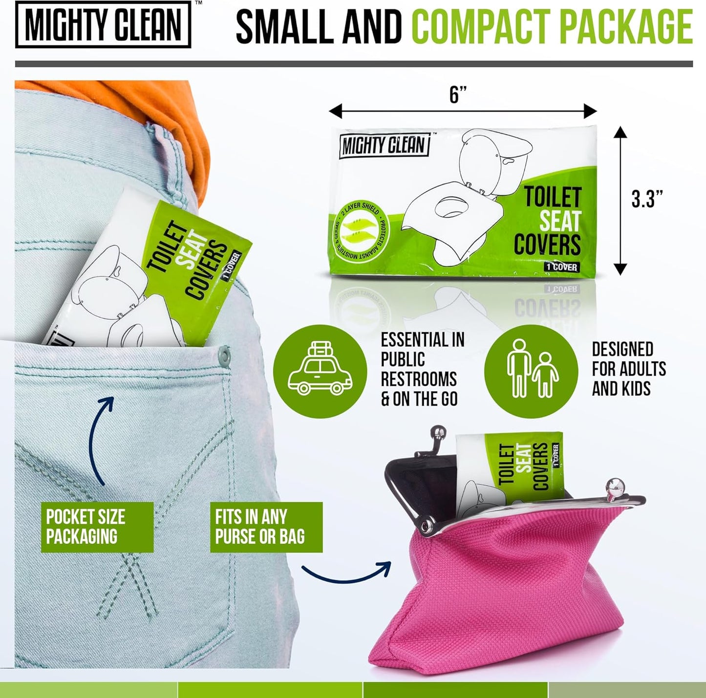 XL Disposable Toilet Seat Covers by Mighty Clean｜100% Waterproof ｜Individually Wrapped, Extra Wide Covers for Adults and Kids｜20 Count
