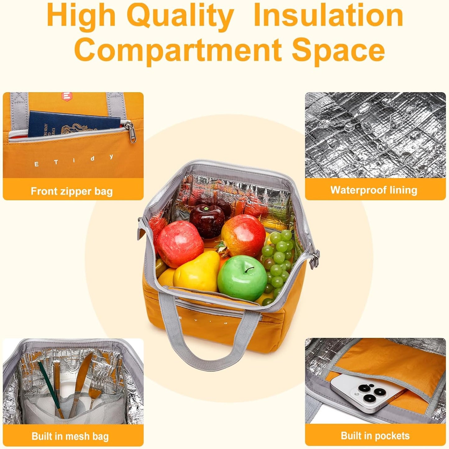 ETidy Fashionable & Lightweight Reusable Lunch Bag Large Capacity Waterproof & Leak Proof Lunch Box Insulated Cooler Lunch Tote For Women Adult To Work Travel Outdoor(Blue)