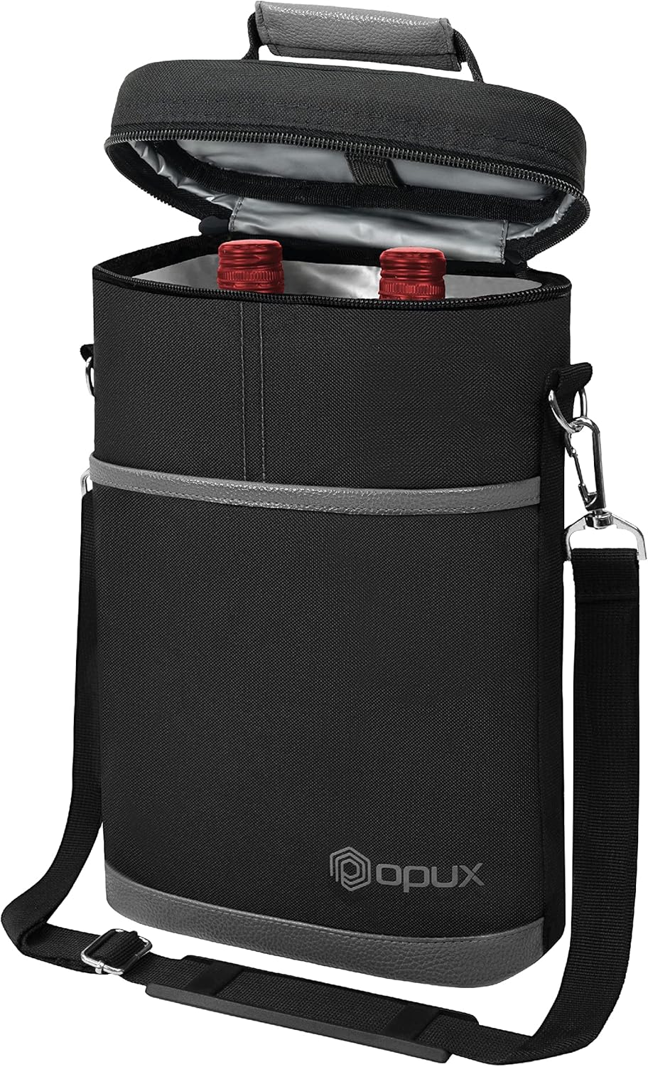 OPUX 2 Bottle Wine Carrier Tote, Insulated Leakproof Wine Cooler Bag, Wine Travel Bag Tote for Picnic BYOB Beach, Portable Wine Bottle Carrying Case, Gift for Wine Lover Women Men Christmas, Dark Grey