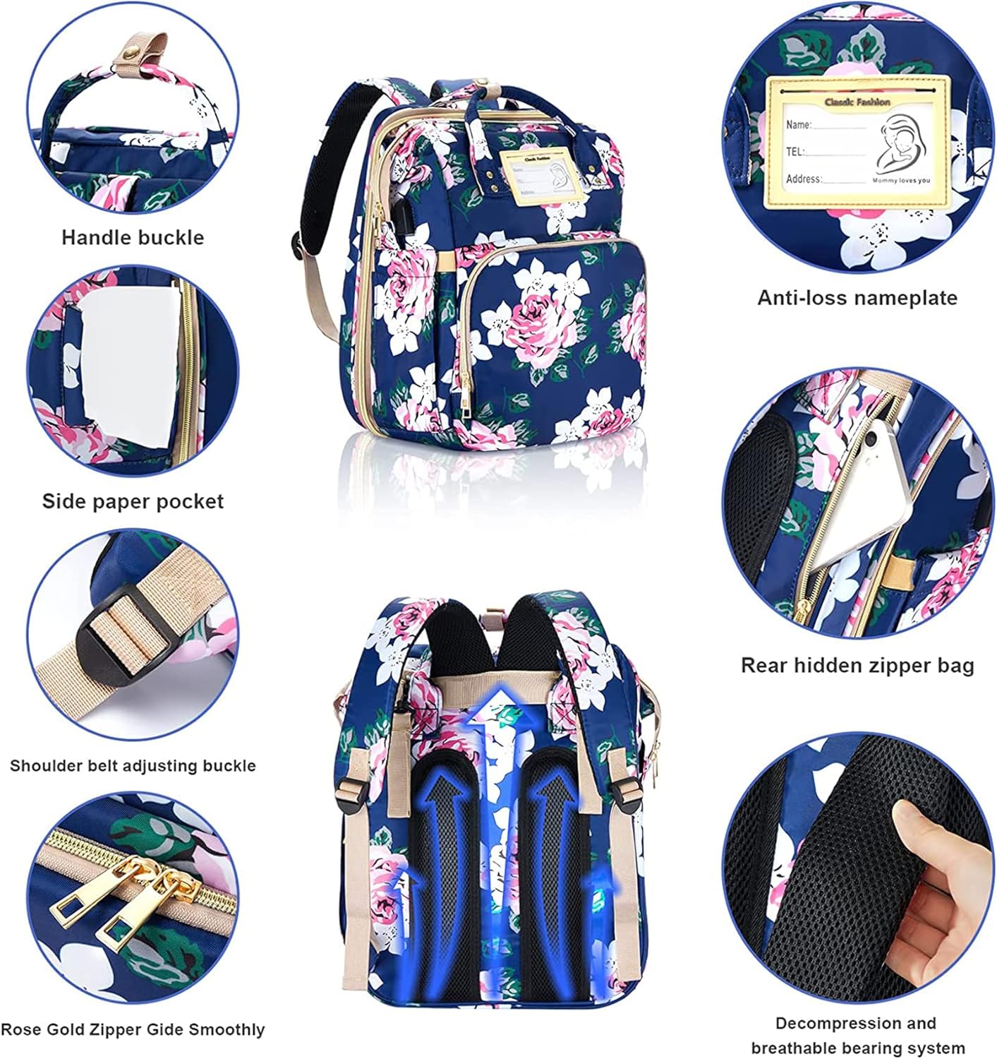 Diaper Bag Backpack with Changing Station, Foldable for Bady Toddler, 3 in 1 Large Capacity Newborn Essentials Organizer with Stroller Hook for Girls and Boys（Blue）