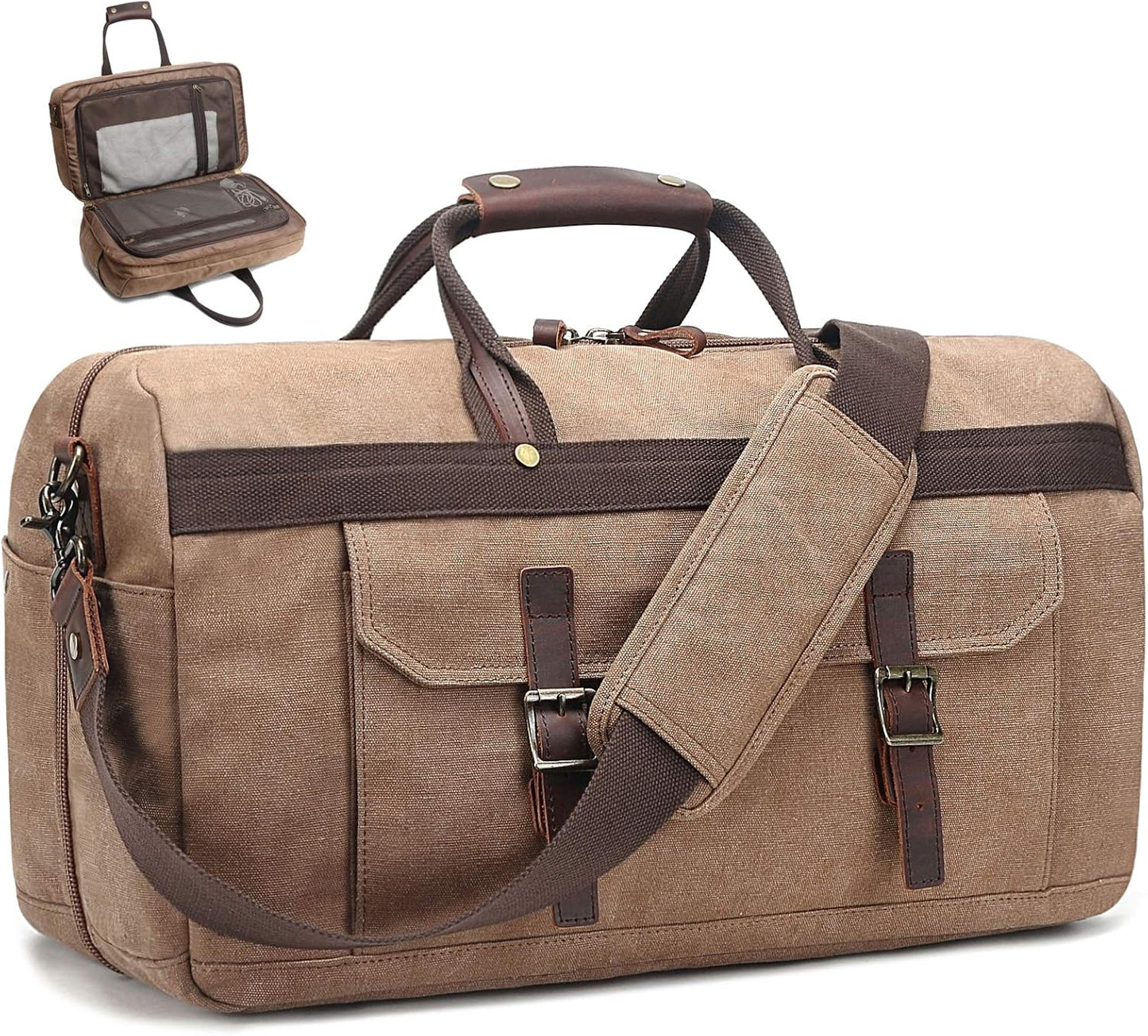 Duffle Bag for Men Waterproof Genuine Leather Canvas Travel Duffel Bags for Women Overnight Weekender Bag for Traveling
