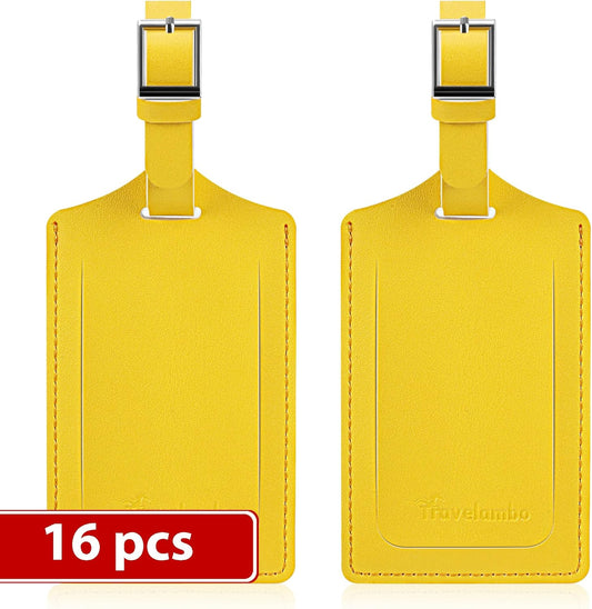 Travelambo Luggage Tags for Suitcases Faux Leather Privacy Protection 16 Pack Bag Tags Travel Accessories Essential, Energetic Yellow