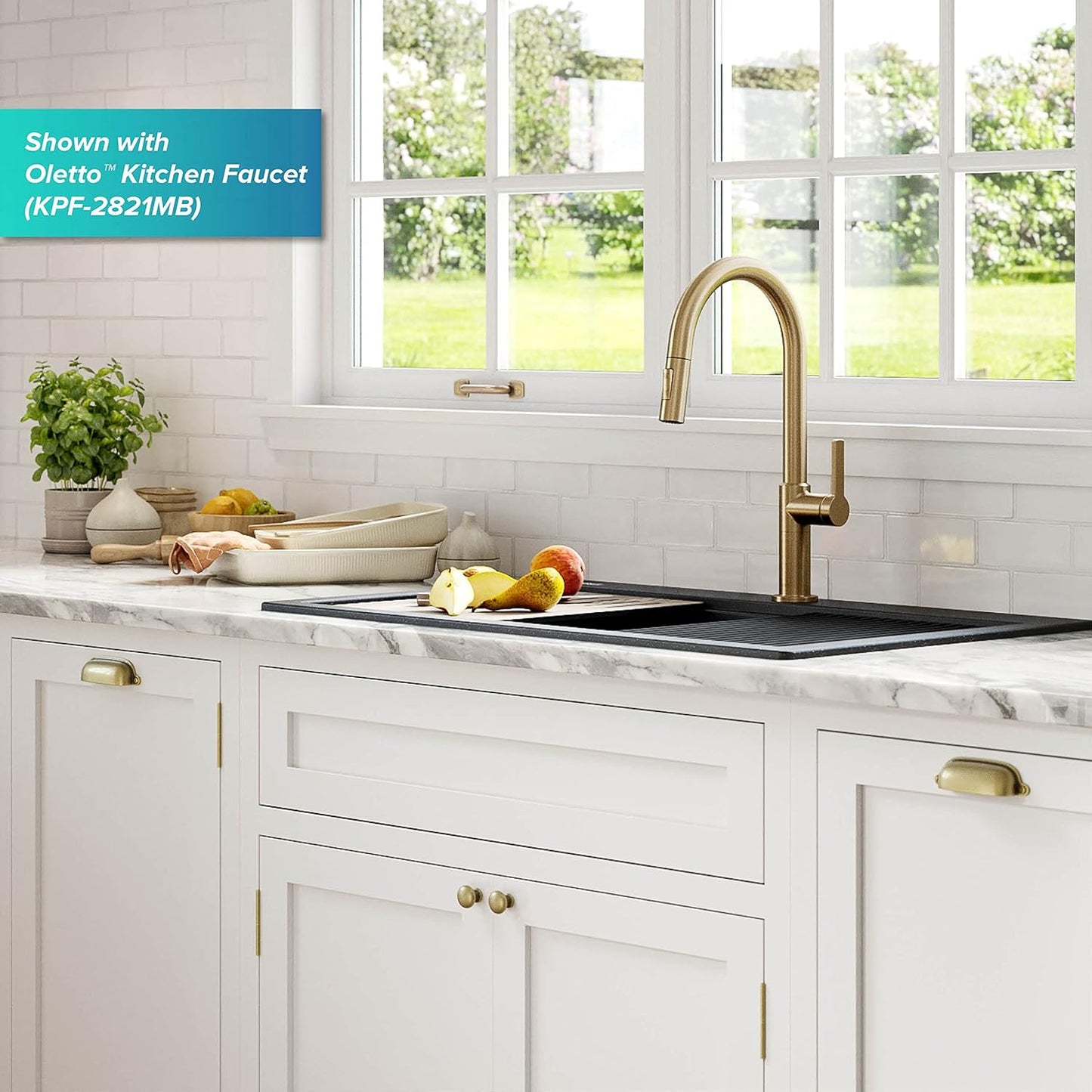 KRAUS Bellucci Workstation 33" Single Bowl Granite Kitchen Sink in Metallic Black w/Accessories, KGTW2-33MBL, Includes Dish Drainer/Dish Drying Rack