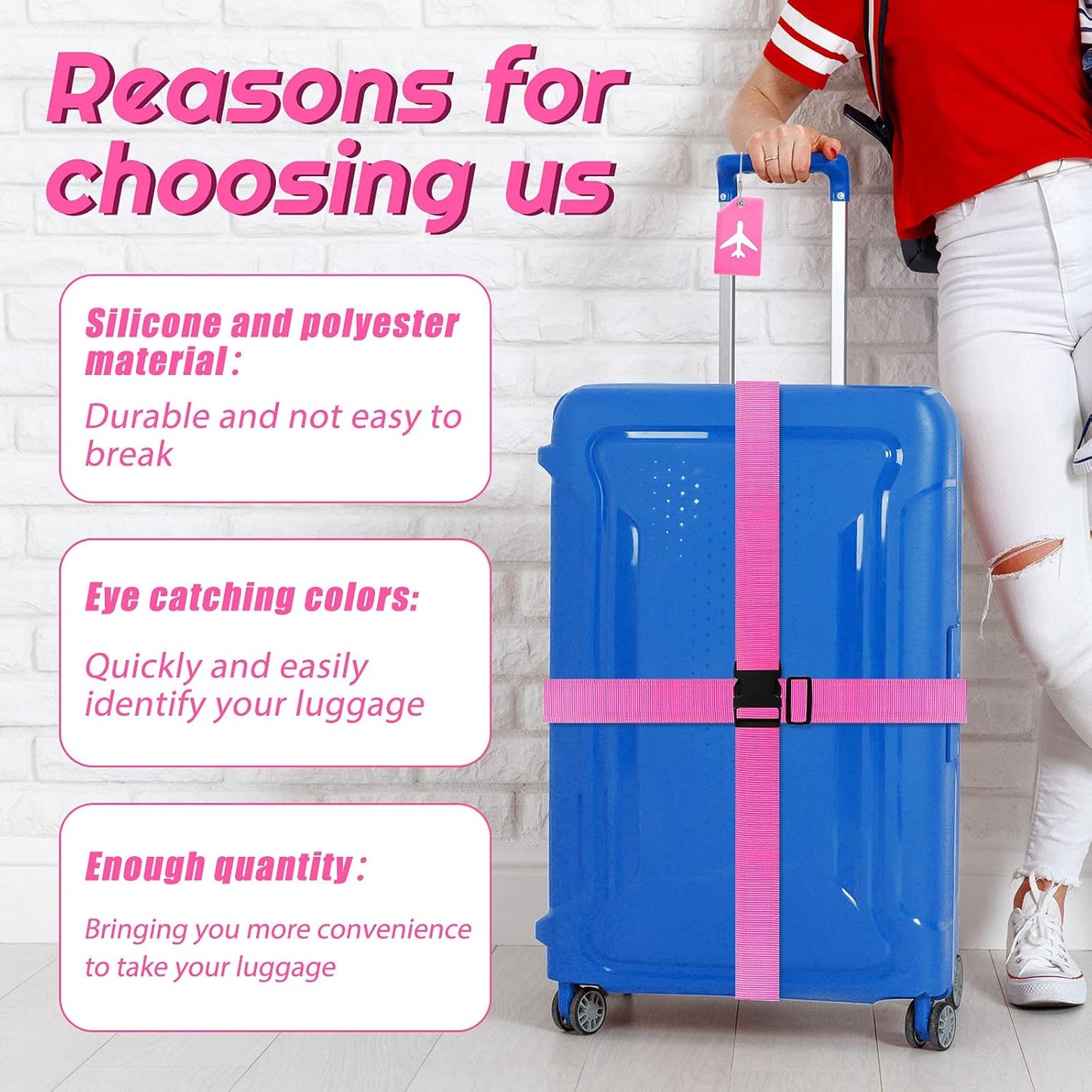 Weewooday 8 Pcs Luggage Straps Suitcase Tags Set for TSA Approved, 4 Travel Adjustable Suitcase Belt, 4 Silicone Luggage Tags with Name ID Card Travel Accessories(Pink,Airplane)