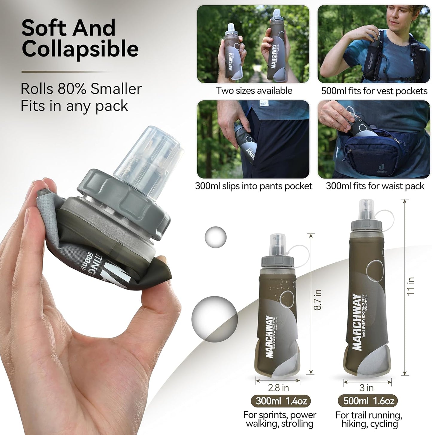 MARCHWAY Soft Hydration Flask with Wide Mouth, 300ml/500ml Collapsible TPU Water Bottle, Leakproof Portable Flexible for Running, Hiking, Cycling, Climbing, Gym, Travel (2pcs Grey 300ml)