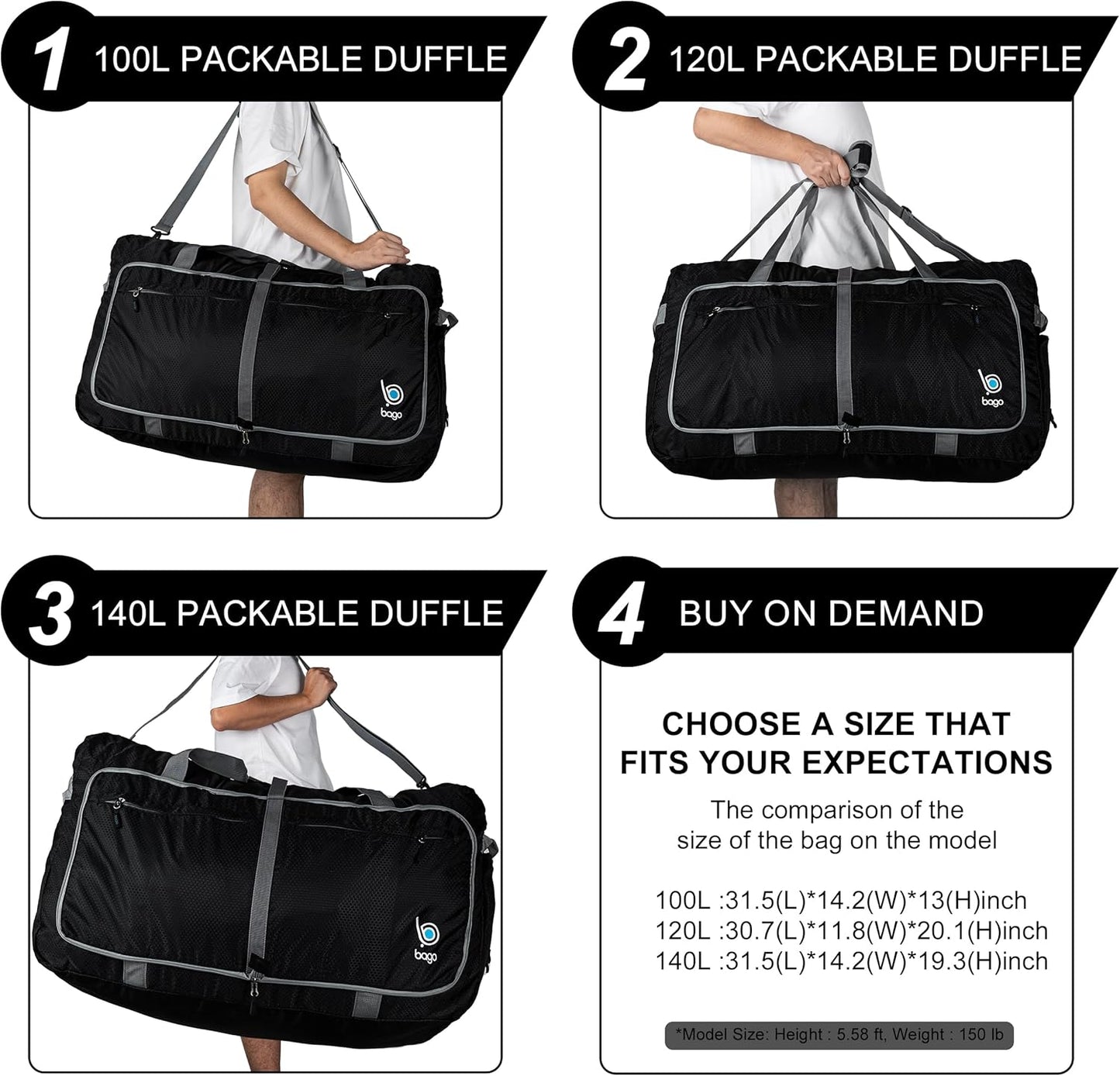 Bago Big XXL Foldable Duffel Bags for Traveling Women & Men - 140L Packable Duffle Bag for Travel with Shoe Compartment - Water Repellant, Heavy Duty, Lightweight Folding & Collapsible (Green)