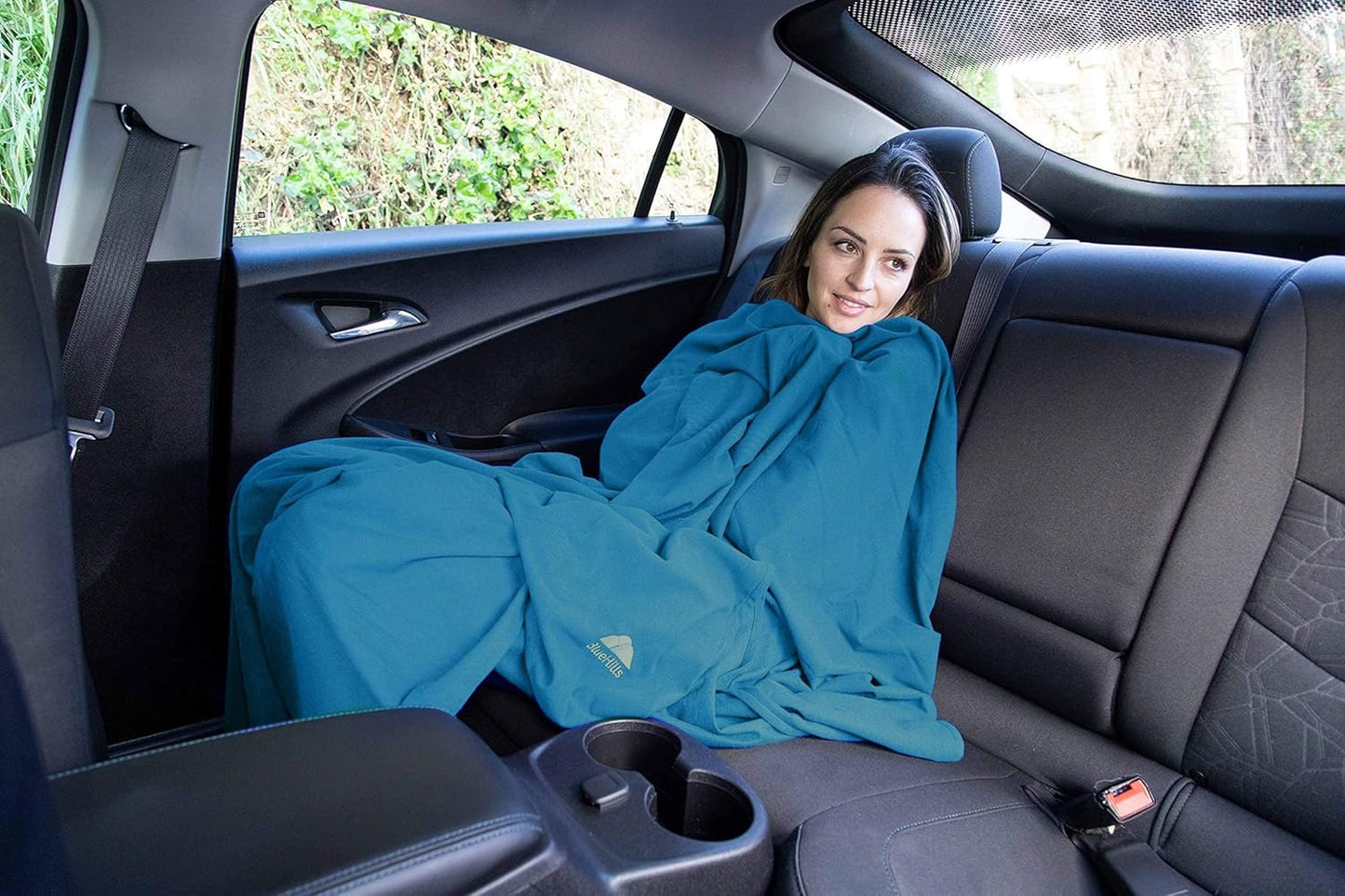 BlueHills Ultra Compact Travel Blankets for Two with Portable Carry Case Case Premium Soft Plush Large Airplane Blankets 2 Pack for Car Plane Train Hotel Layover Peacock -C204-2pk-Teal