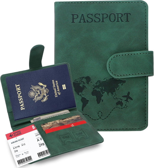 Passport Holders, RFID Blocking Credit Card Holder, PU Leather Passport Holders for Travel with Magnetic Buckle, Travel Must Haves Cruise Ship Essentials for Men, Women (Green)