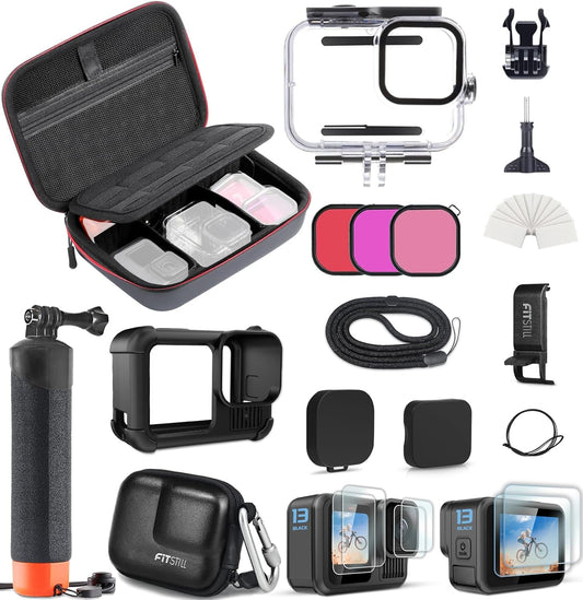 FitStill Carrying Protective Case Include 60M/196FT Underwater Waterproof Shell&Dive Filters&Silicone Case&Screen Protector&Monopod Floating Hand Grip Dive Only fit Go Pro Hero 13 Black Accessory Kit