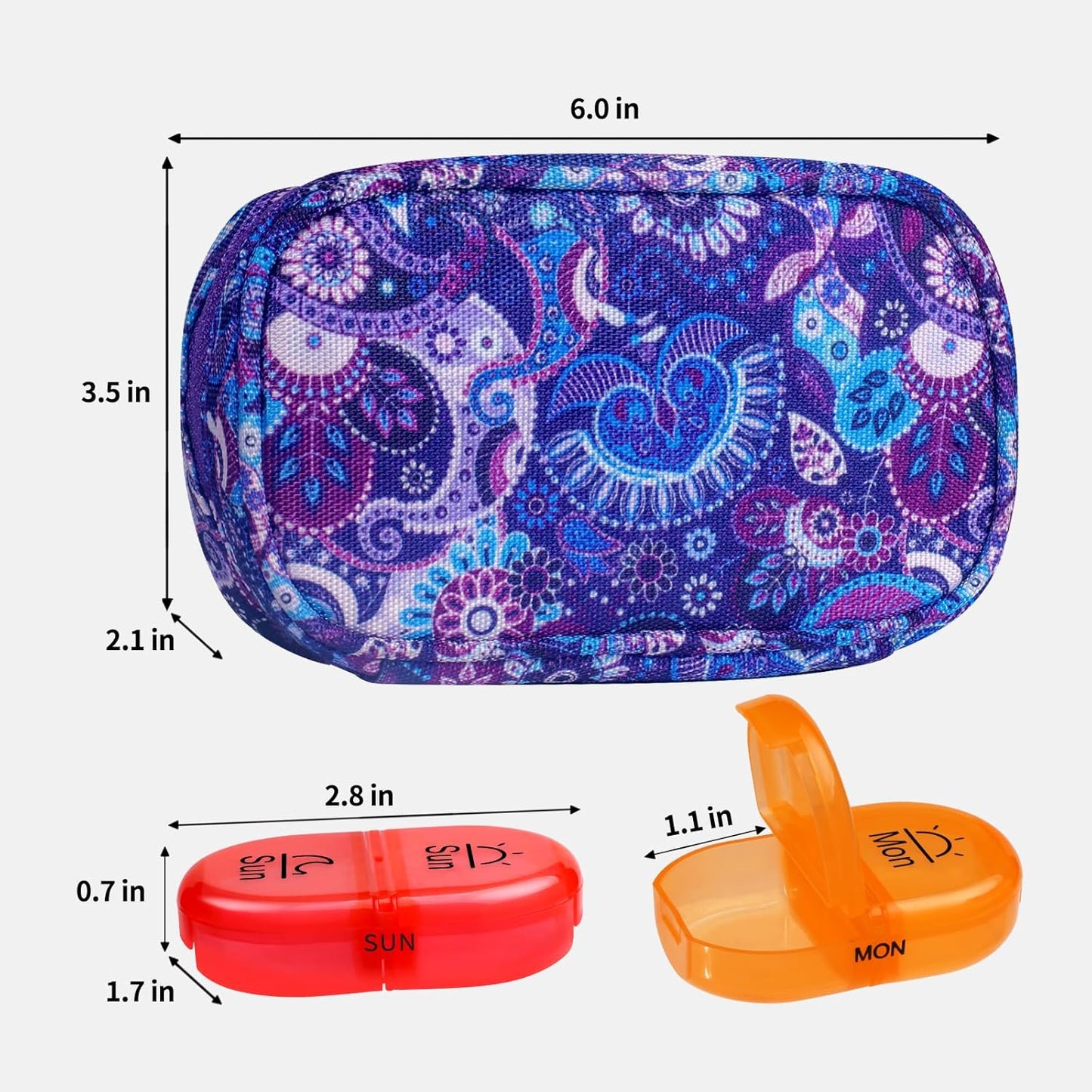 Serfeymi Weekly Travel Pill Organizer 2 Times A Day AM PM Upgraded Rainbow Pill Box 7 Day with Portable Zipper Canvas Pill Case, Medicine Organizer for Pills, Vitamins, Fish Oils - Purple 01
