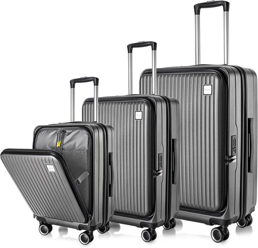 Luggage Sets 3 Piece, ABS Lightweight 20in/24in/28in Luggage, Expandable Carry On Suitcase Set with TSA Lock & Double Wheels, Front Open Hardshell Luggage Sets (Grey)