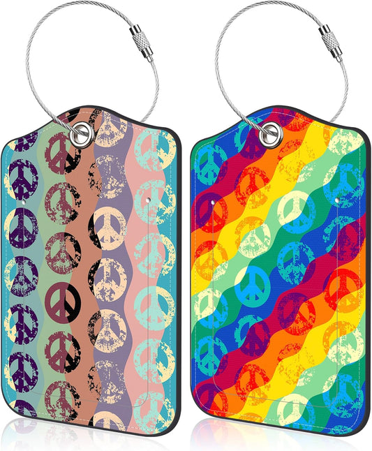 Set of 2 Luggage Tags for Suitcase Vintage Peace Signs Leather Baggage Tags Set with Stainless Steel Loop Name Address Labels Privacy Cover for Men Women Travel Bag Suitcase, 4.6 x 2.7 inch