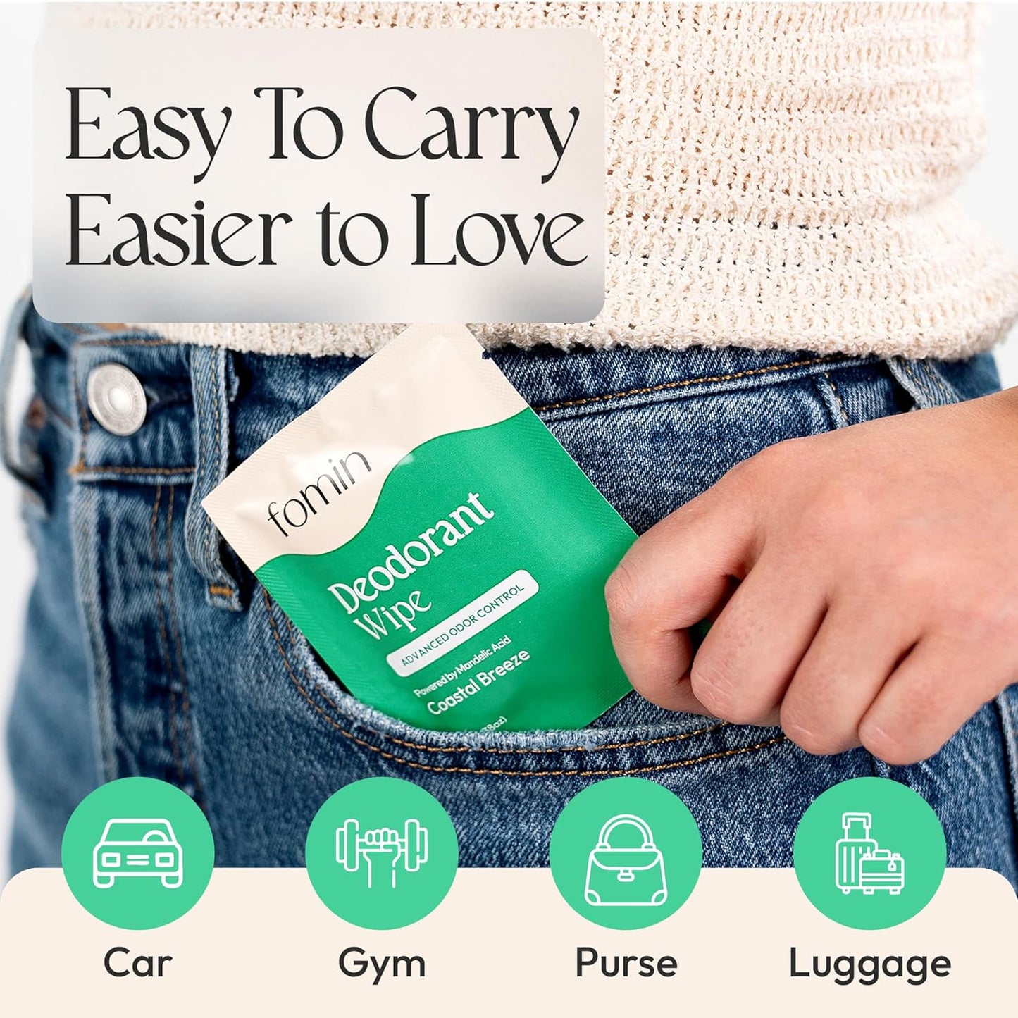 FOMIN Acidified Travel Deodorant Wipes For Women & Men - 30 Count - Coastal Breeze - pH Balanced, Mini Deodorant Travel Size Wipes - Plastic-Free, Individually Wrapped Underarm Body Wipes