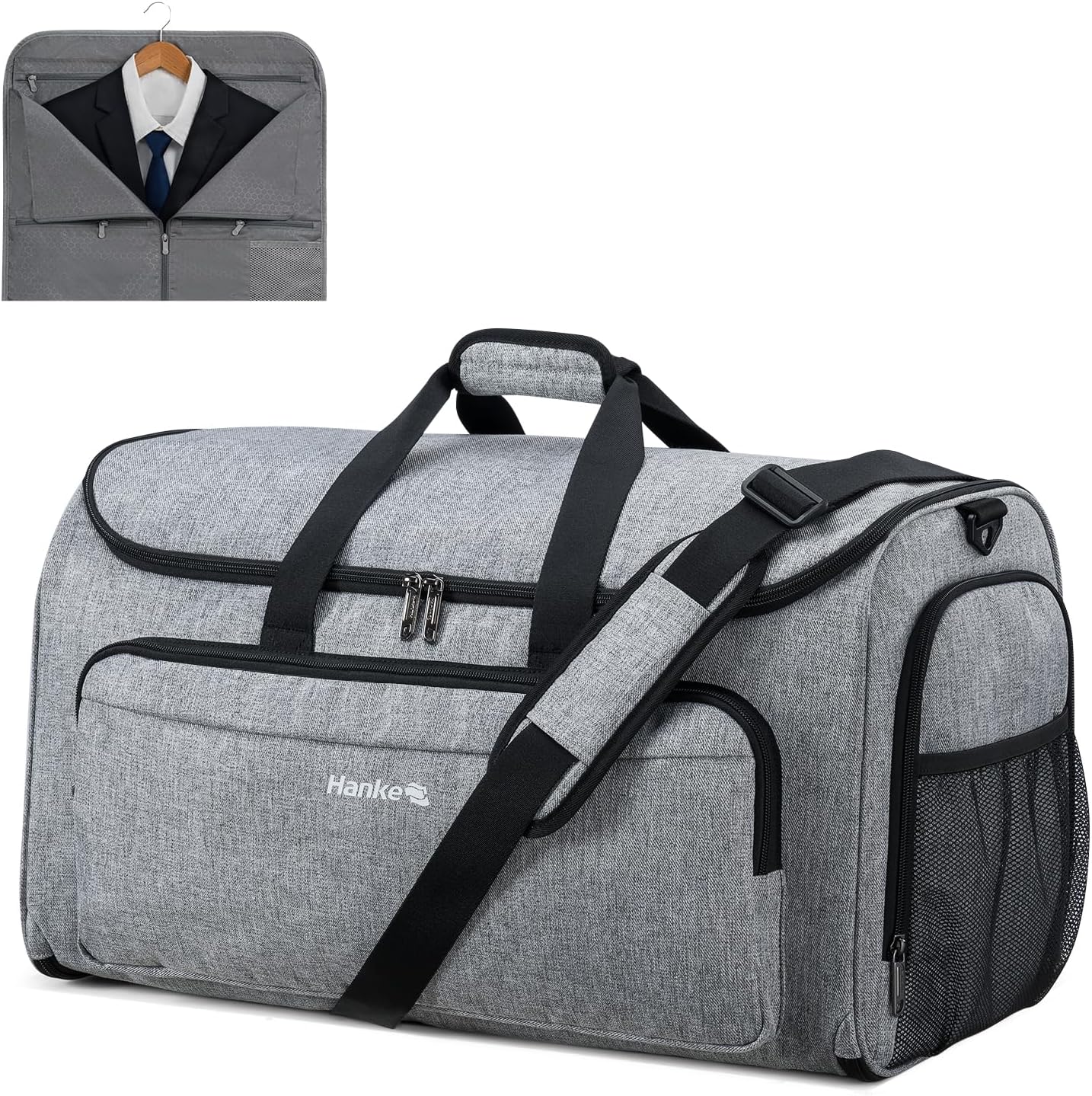 Hanke Carry on Garment Bags for Travel,Convertible Duffle Bag Luggage Bag Weekend Bag with Shoe Compartment,2 in 1 Hanging Suitcase Suit Bag for Men Women,Light Grey