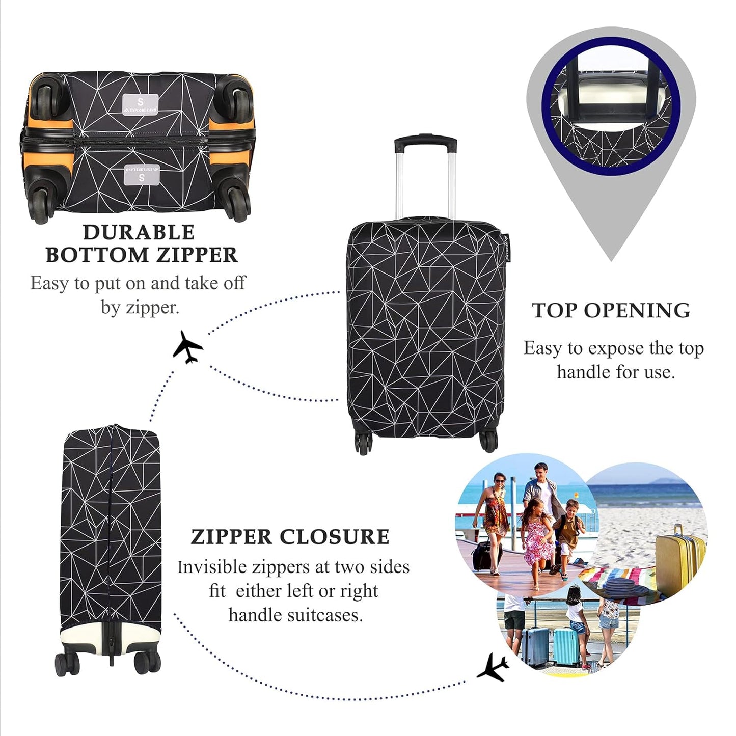 Explore Land Travel Luggage Cover Suitcase Protector Fits 23-26 Inch Case (Black Polygonal, M)
