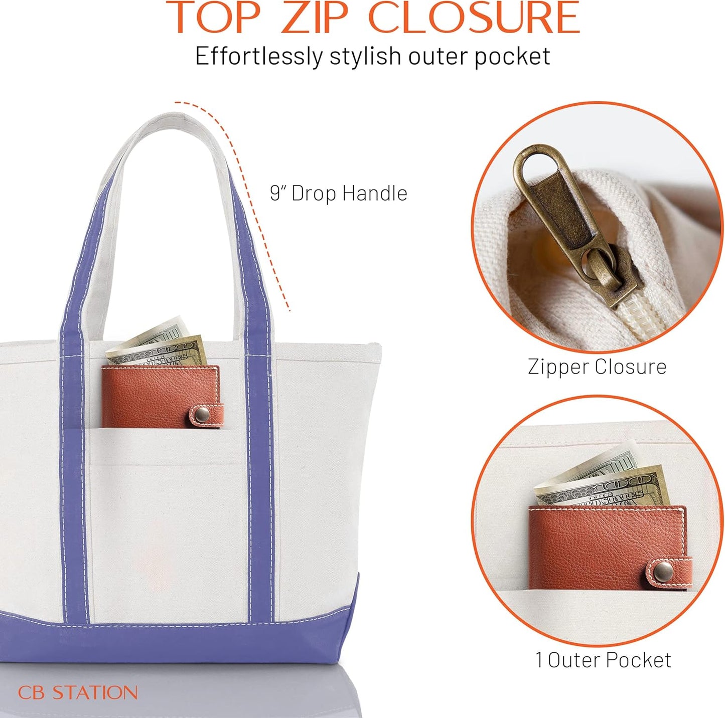 CB STATION Medium Classic Canvas Tote Bag for Women, Top Zipper Closure, Outer Pocket, Daily Essentials, Groceries, Traveling