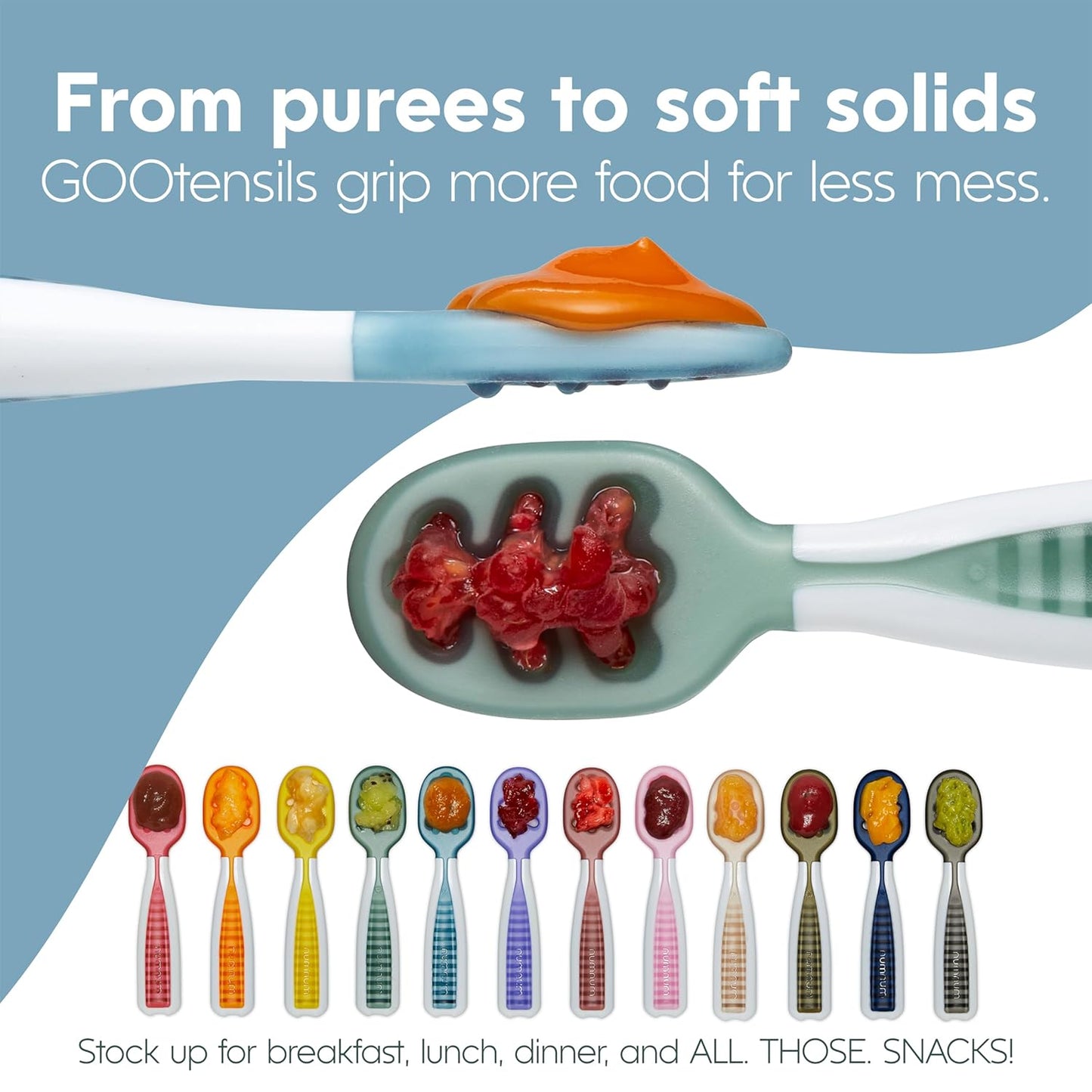 NumNum Baby Spoons Set, Baby Essentials Pre-Spoon GOOtensils for 6+ Months, First Stage Self-Feeding Spoons for Baby Led Weaning (BLW), Silicone Toddler Utensils, BPA-Free, 2 Pack Olive/Newbury Navy