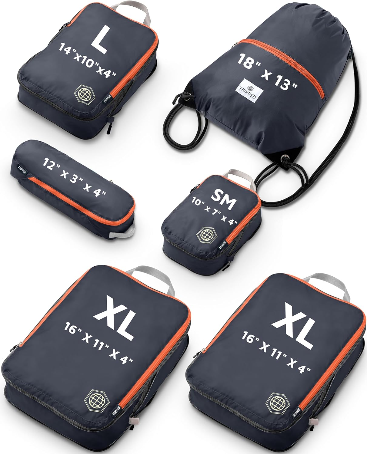 Extra Large Compression Packing Cube 6 Piece Set for Travel and Check Luggage by TRIPPED Travel Gear