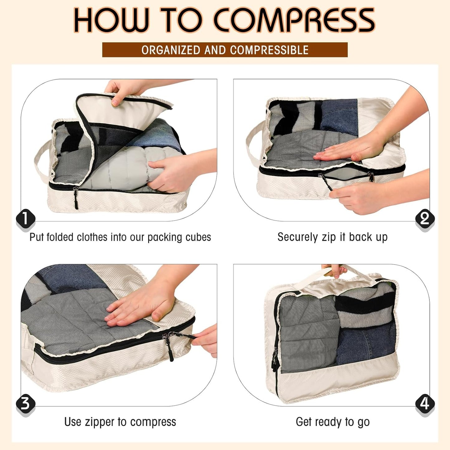 5 Pcs Packing Cubes for Suitcase Large Travel Cubes Carry on Luggage Organizer Bags for Clothes Accessories(L,Khaki)