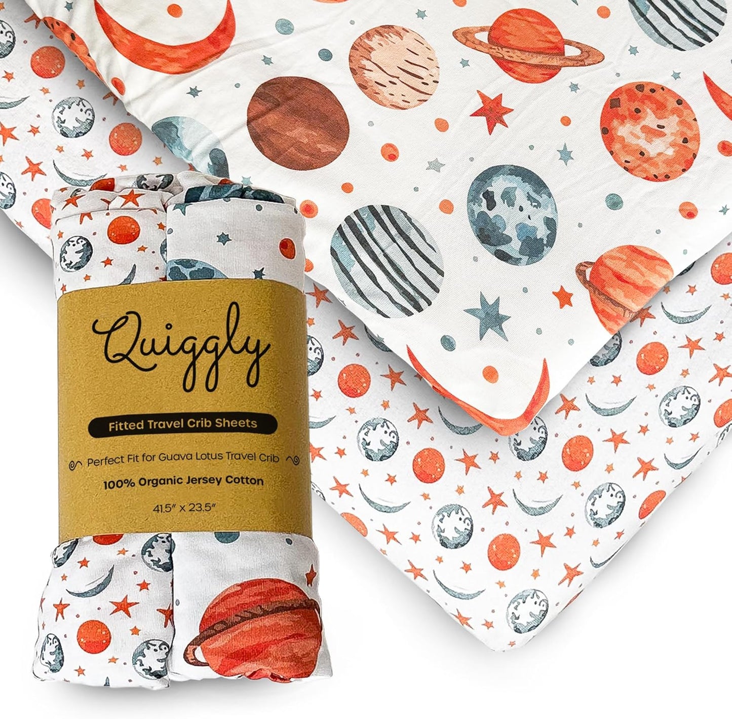 Quiggly Travel Crib Sheets for Guava Lotus, 2 Pack Organic Cotton Jersey Knit, Space, Planet & Star Patterns - Fits Travel Crib Mattress for Boys & Girls