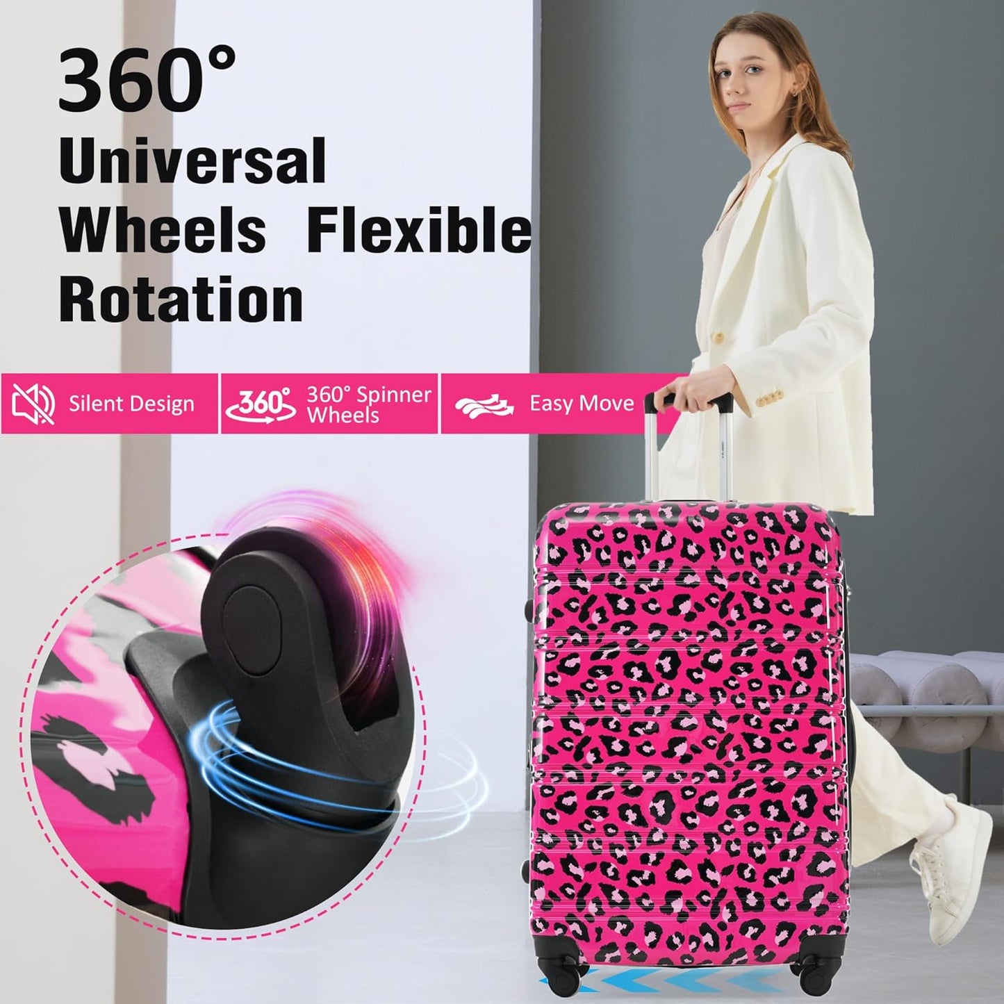 Merax Luggage Sets 3 Piece, Hardside Expandable Suitcase Set with Spinner Wheels, Lightweight Leopard Luggage 20+24+28 IN, Leopard Hot Pink