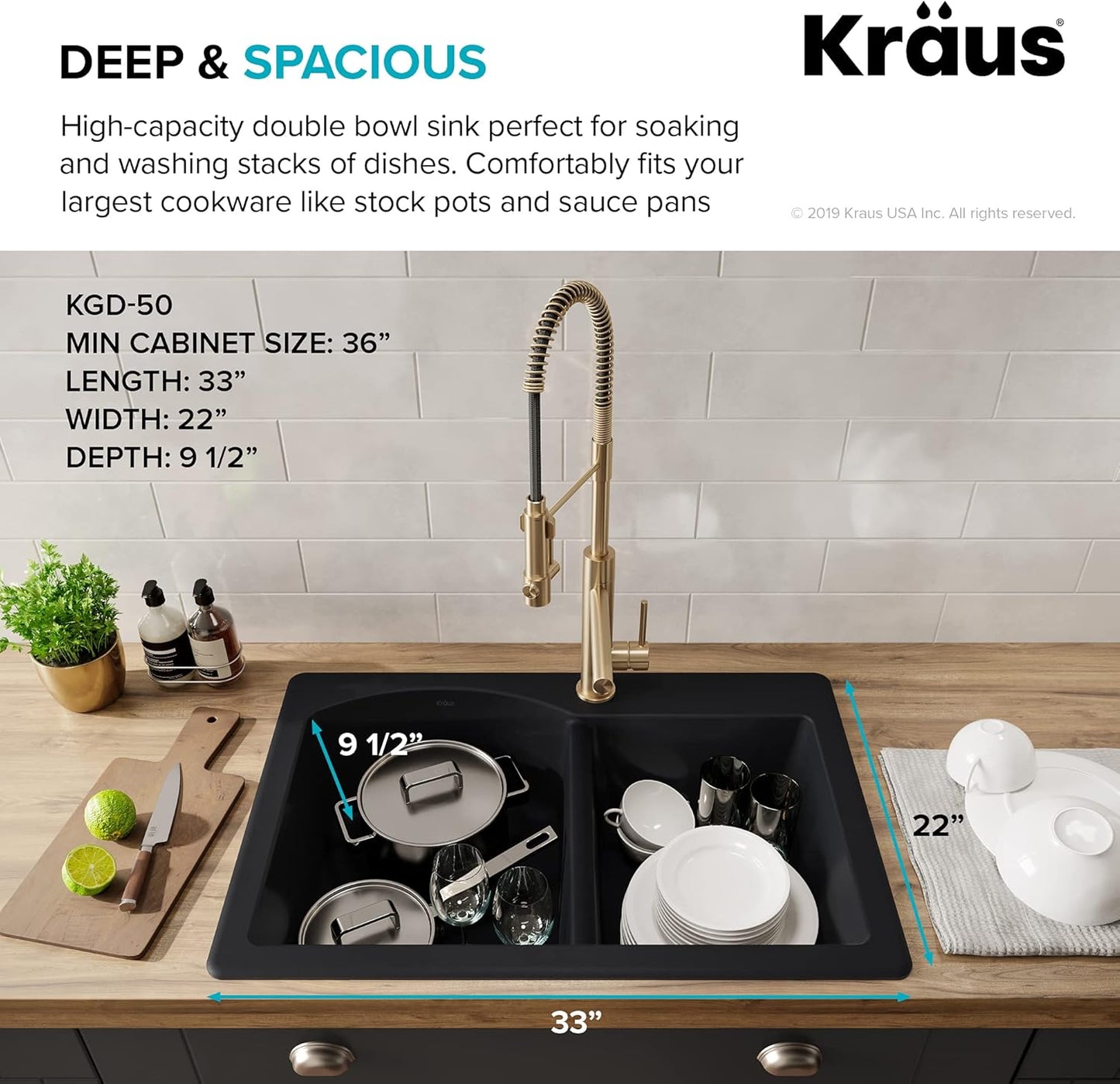 KRAUS Forteza 33-inch Drop In/Undermount 60/40 Double Bowl Granite Kitchen Sink in Grey, KGD-50GREY