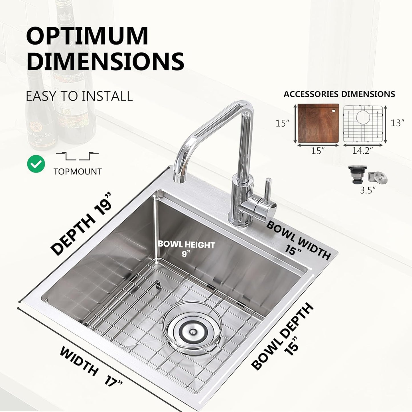 COMLLEN 17x19 Inch Drop in Bar Sink, Outdoor Sink 304 Stainless Steel Kitchen Workstation, 16 Gauge 9 Inch Deep Brushed Nickel, RV Laundry Utility Kitchen Sinks with Cutting Board Grid Drain