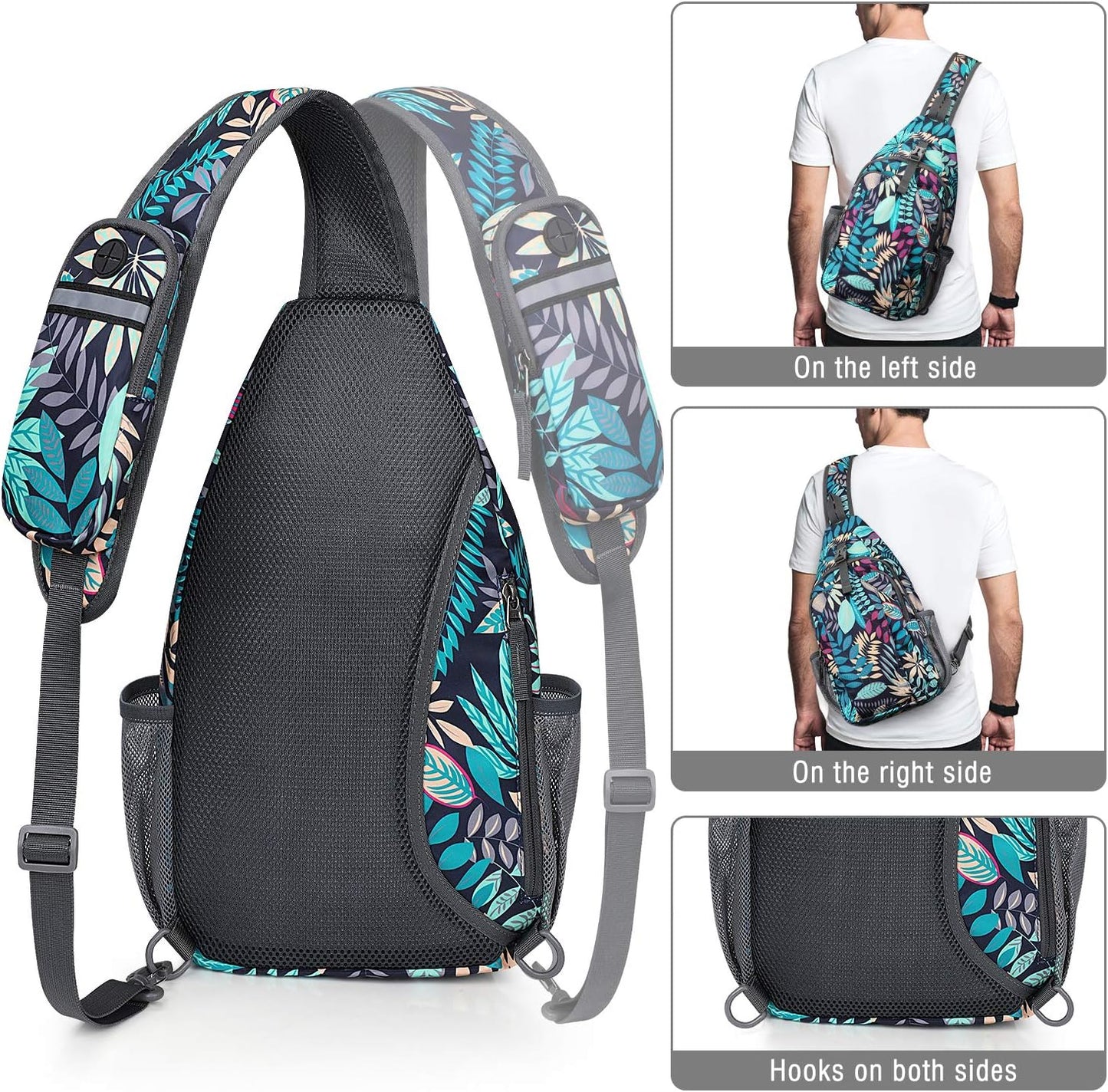 G4Free Sling Bag RFID Blocking Sling Backpack Crossbody Chest Bag Daypack for Hiking Travel(Blue Leaf)
