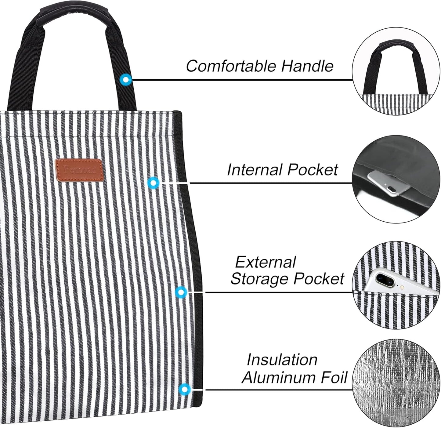 Lunch Bags for Women Insulated Reusable Lunch Tote with Internal Pocket, Lunch Tote bag for Work (Stripe)