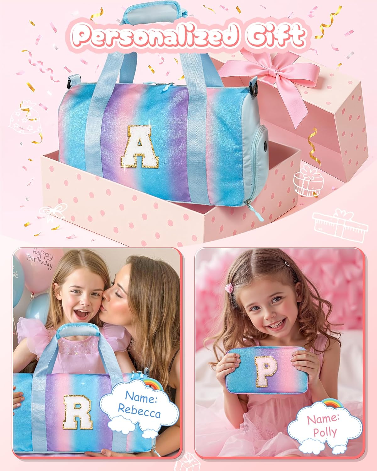 Girls Cheer Up Gifts-Girl Gym Bag with Shoe Compartment, Kid Personalized Weekender Overnight Bags, Initial Travel Tote with Makeup Pouch, Graduation Gift for Niece Kids Daughter (Letter K)