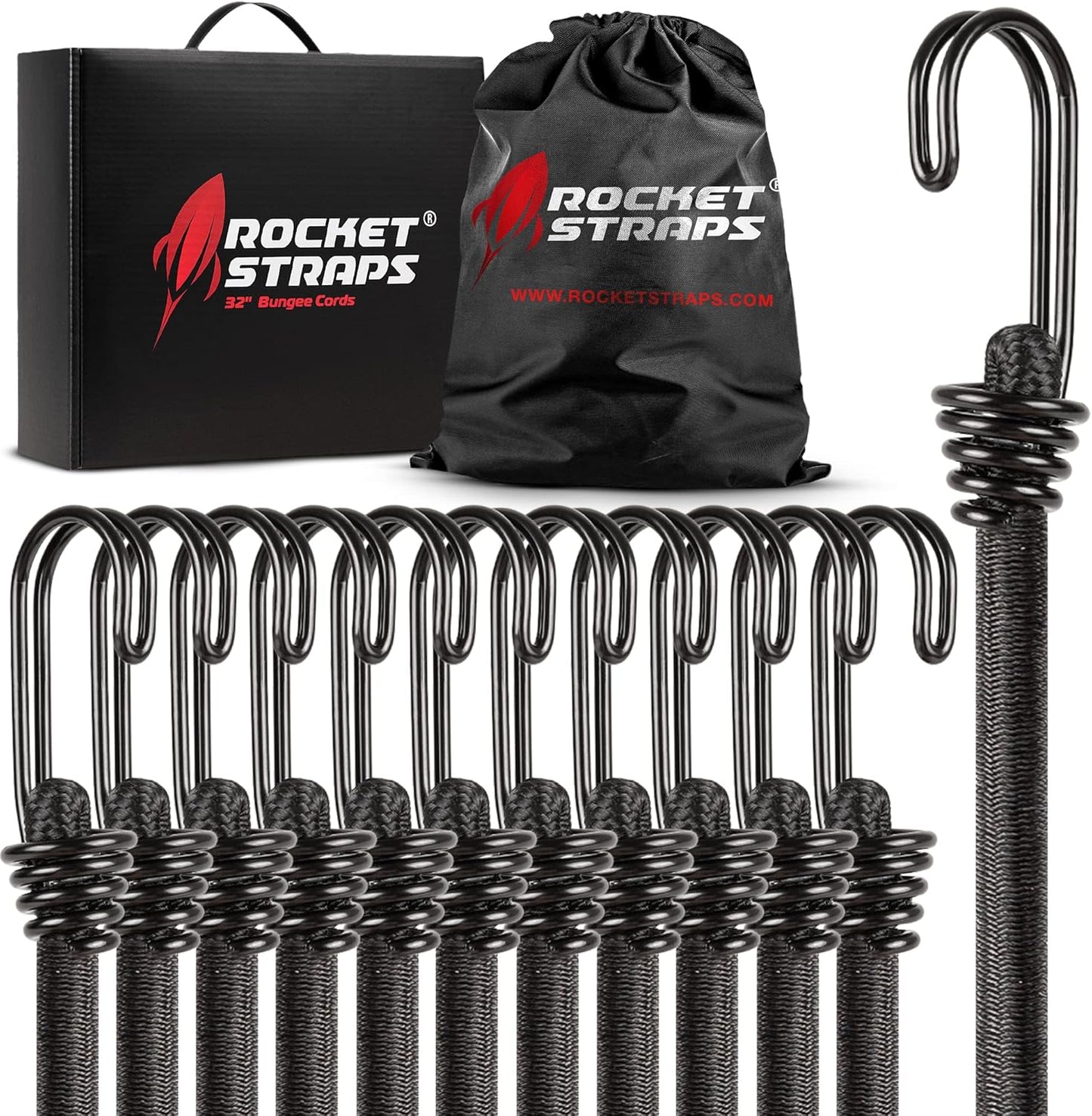 Rocket Straps - Ultimate Outdoor Bungee Cord Assortment - Heavy Duty Set of 12 Bungee Cords (72") Double-J Hooks - Elastic Straps for Camping, Securing, and DIY and Multipurpose