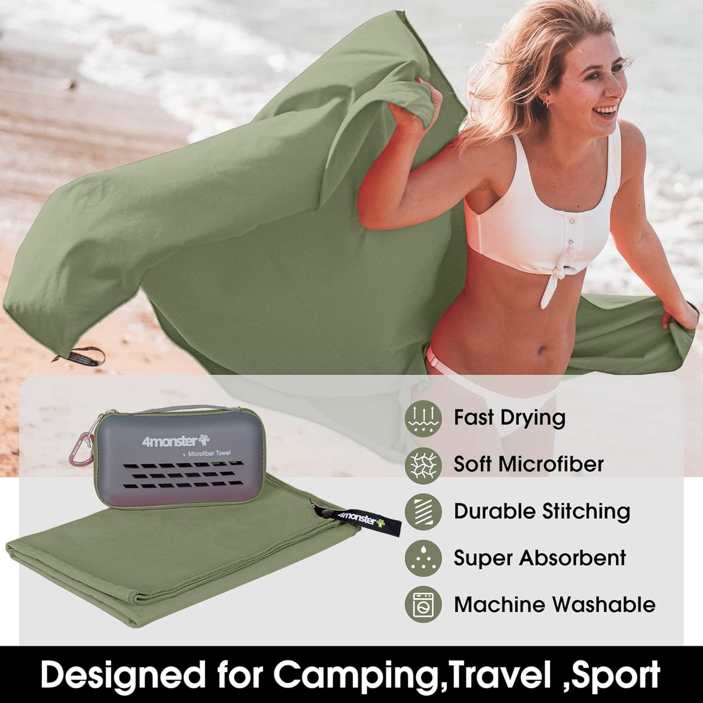 4Monster Camping Towels Super Absorbent, Fast Drying Microfiber Travel Towel, Ultra Soft Compact Gym Towel for Beach Hiking Yoga Travel Sports Backpack