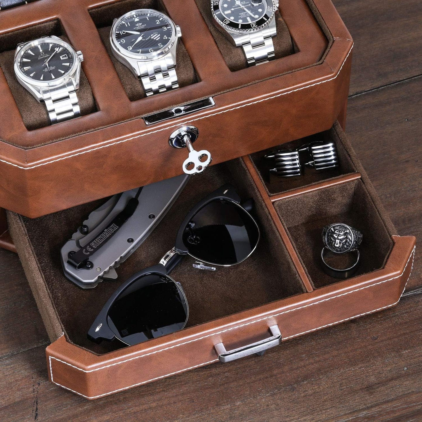 ROTHWELL 6 Slot Leather Watch Box with Valet Drawer - Luxury Case Display Organizer, Microsuede Liner, Locking Mens Jewelry Watches Holder, Men's Watch Storage Large Glass Top (Tan/Brown)