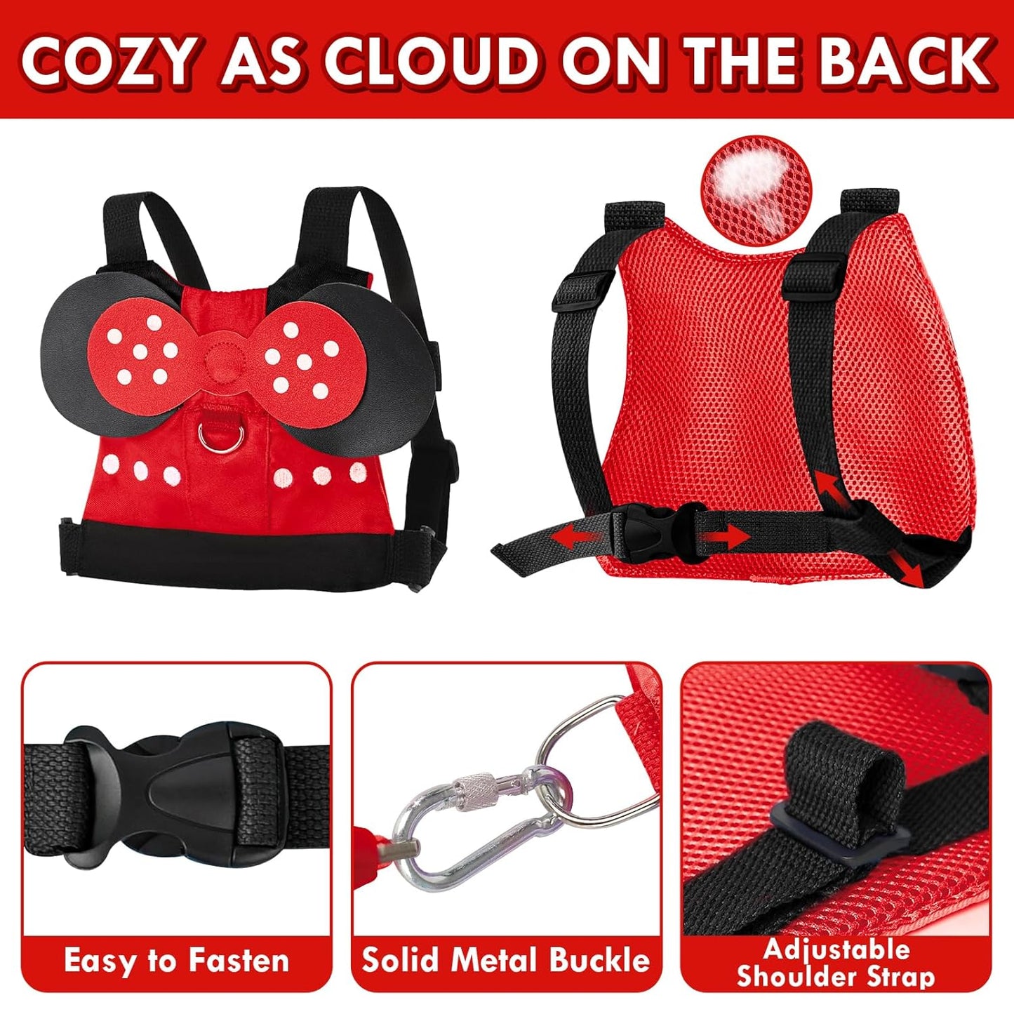 Lehoo Castle Toddler Leash for 1-5 Years, Baby Safety Harness for Girls with Anti-Lost Key Lock & Adjustable Strap, 3-in-1 Wrist Leash and Kids Backpack Harness for Walking Travel (Red Minnie Mouse)