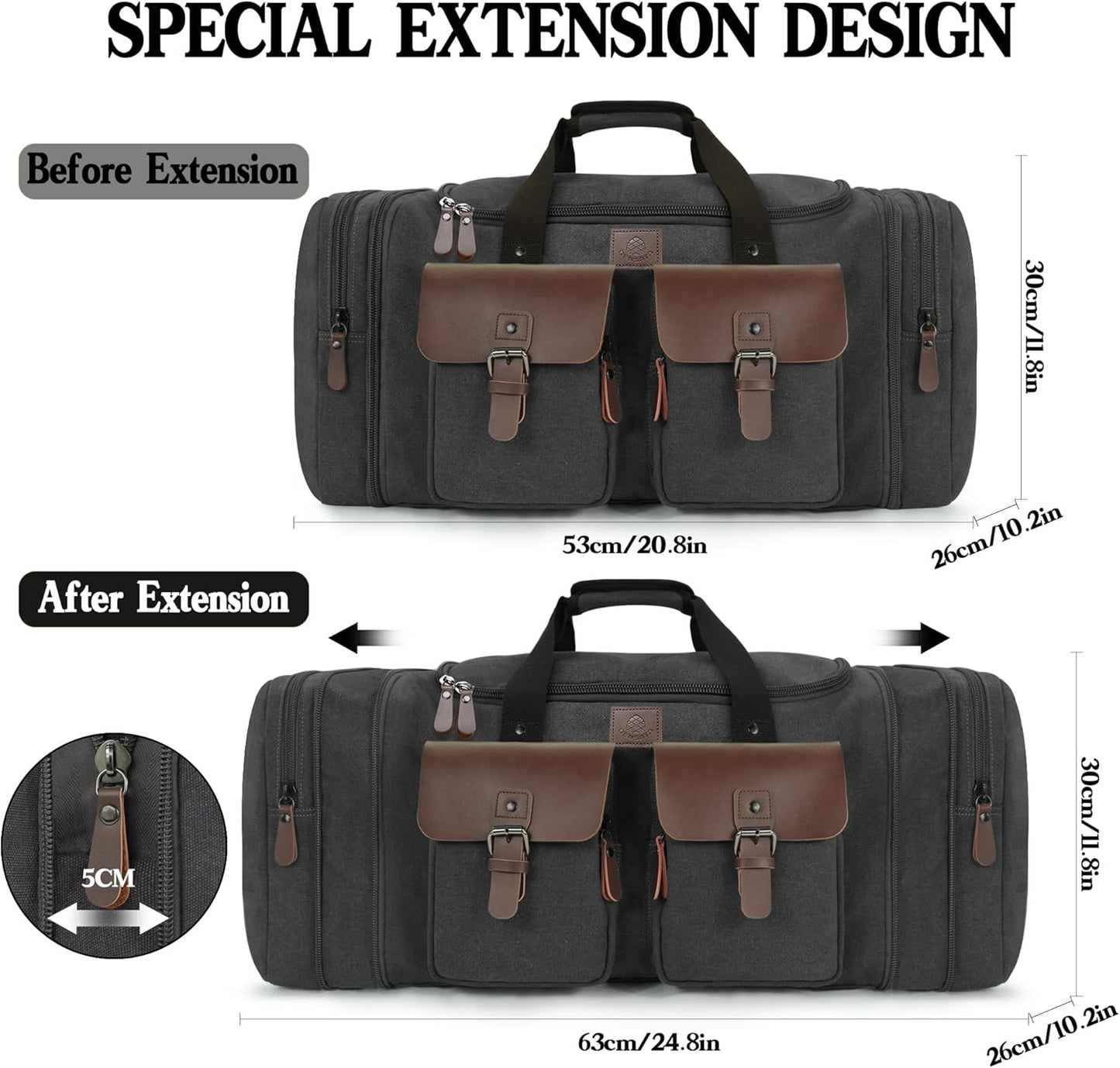 Canvas Duffle Bag for Men 50L Travel Duffel Bags Expandable Genuine Leather Overnight Weekender Carry On Bag Two Zipper Pockets Travel Bag (Black, Large-50L)