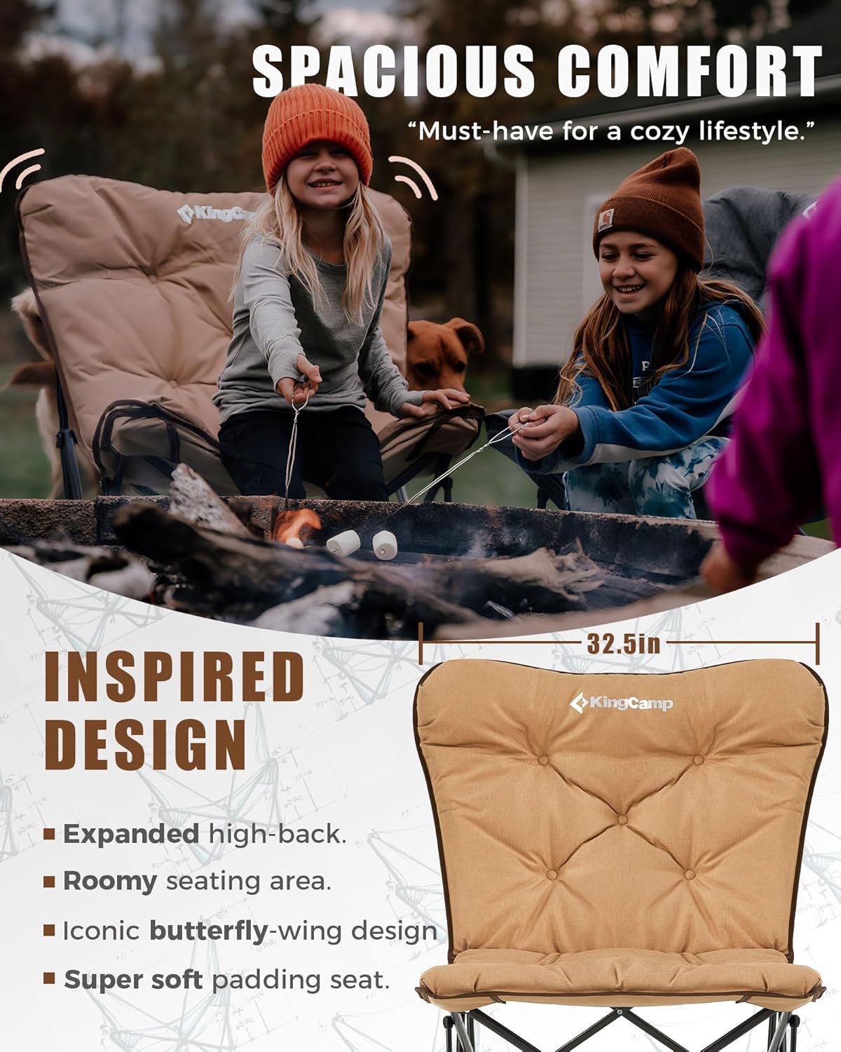 KingCamp Butterfly Chair Oversized XL Saucer Chair for Adults Padded Folding Comfy Camping Chairs for Teens Kids 300lbs Heavy Duty with High Back for Bedroom Living Room Dorm Rooms Outdoor Patio Lawn
