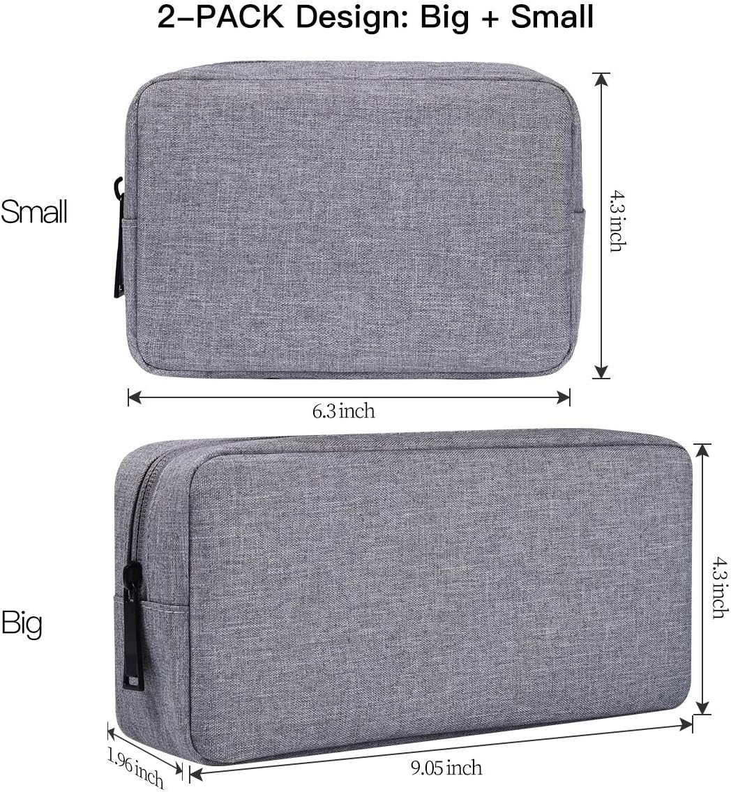 Portable Electronics Accessories Storage Bag, 2PCS Big + Small Carrying Case Travel Cable Organizer Cosmetic Bag Pouch Compatible Hard Drive, Power Bank, Mouse, Laptop Charger, Cellphone, Gray
