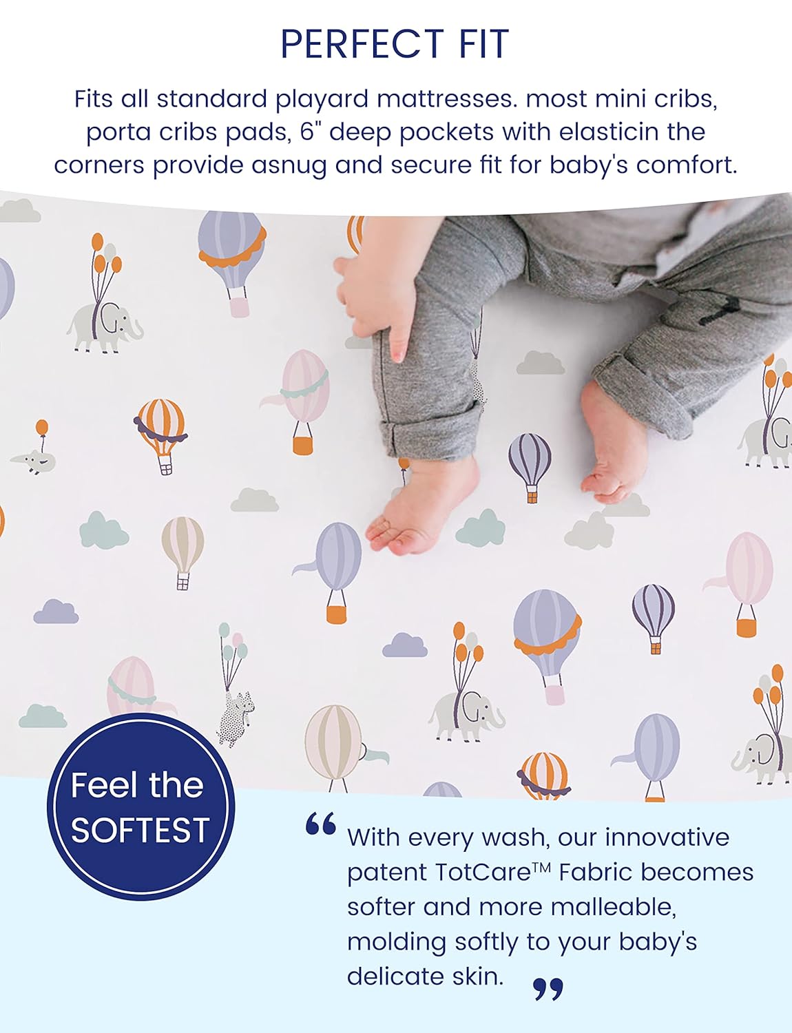 TotAha Premium Stretchy Pack N Play Playard Sheets | Mini Crib Sheets (2-Pack)-Hypoallergenic, Silky Comfort, Buttery Soft, Calming Effect, All-Season Jersey-Knit Sheets 38 X 24 (Balloon & Sailboat)
