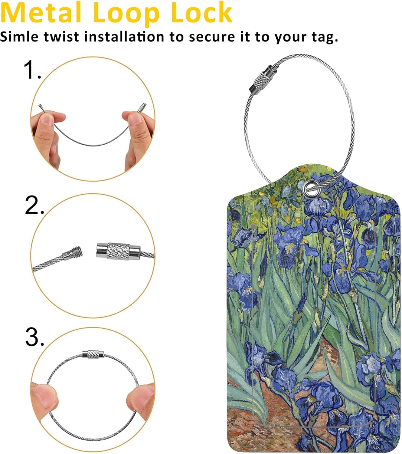 Luggage Tags for Suitcase,2 Pack Irises Vincent Van Gogh Luggage Tag with Privacy Flap,Name ID Label and Metal Loop for Women Men Girls Baggage Bag Backpack Instrument