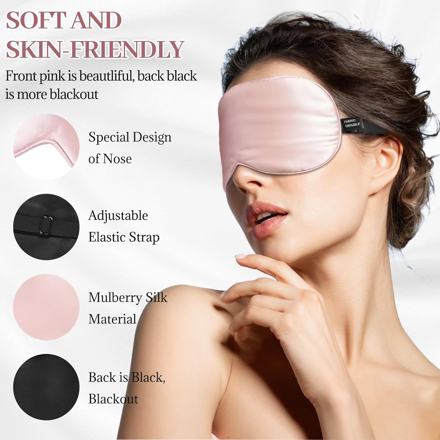 Silk Sleep Mask Eye Cover, 100% Mulberry Silk Women Men Eye Mask for Sleeping Blackout with Adjustable Straps, No Pressure Soft Blindfold Night Eye Shade, Eyemasks for Travel (Pink)