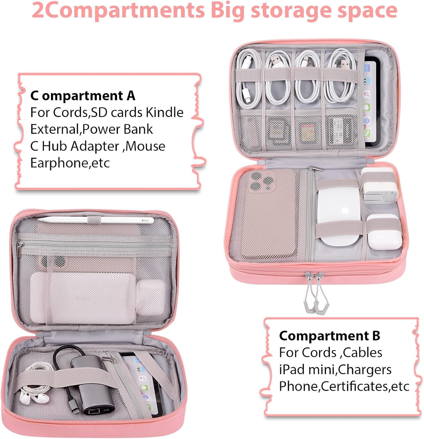 DDgro Electornics Travel Organizer Case for Cable/Cords/Charger/Tech Accessories, Large Pouch Bag for Woman (Pink, PU-Large)