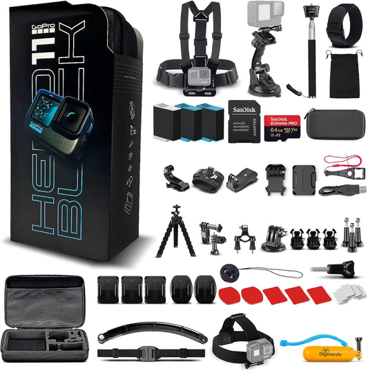 GoPro HERO11 (Hero 11) Black - Waterproof Action Camera with 5.3K Video, 27MP Photos, 1/1.9" Sensor, Live Streaming, Webcam, Stabilization + 64GB Card, 50 Piece Accessory Kit and 2 Extra Batteries