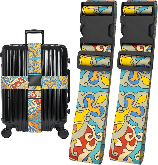 Totem Flowers Luggage Straps for Suitcases, Adjustable Luggage Travel Belt to Keep Luggage Security While Travel, Strong Polyester Fabric, Easy-to-Recognize Cute Pattern Travel Essentials, 2 Pack